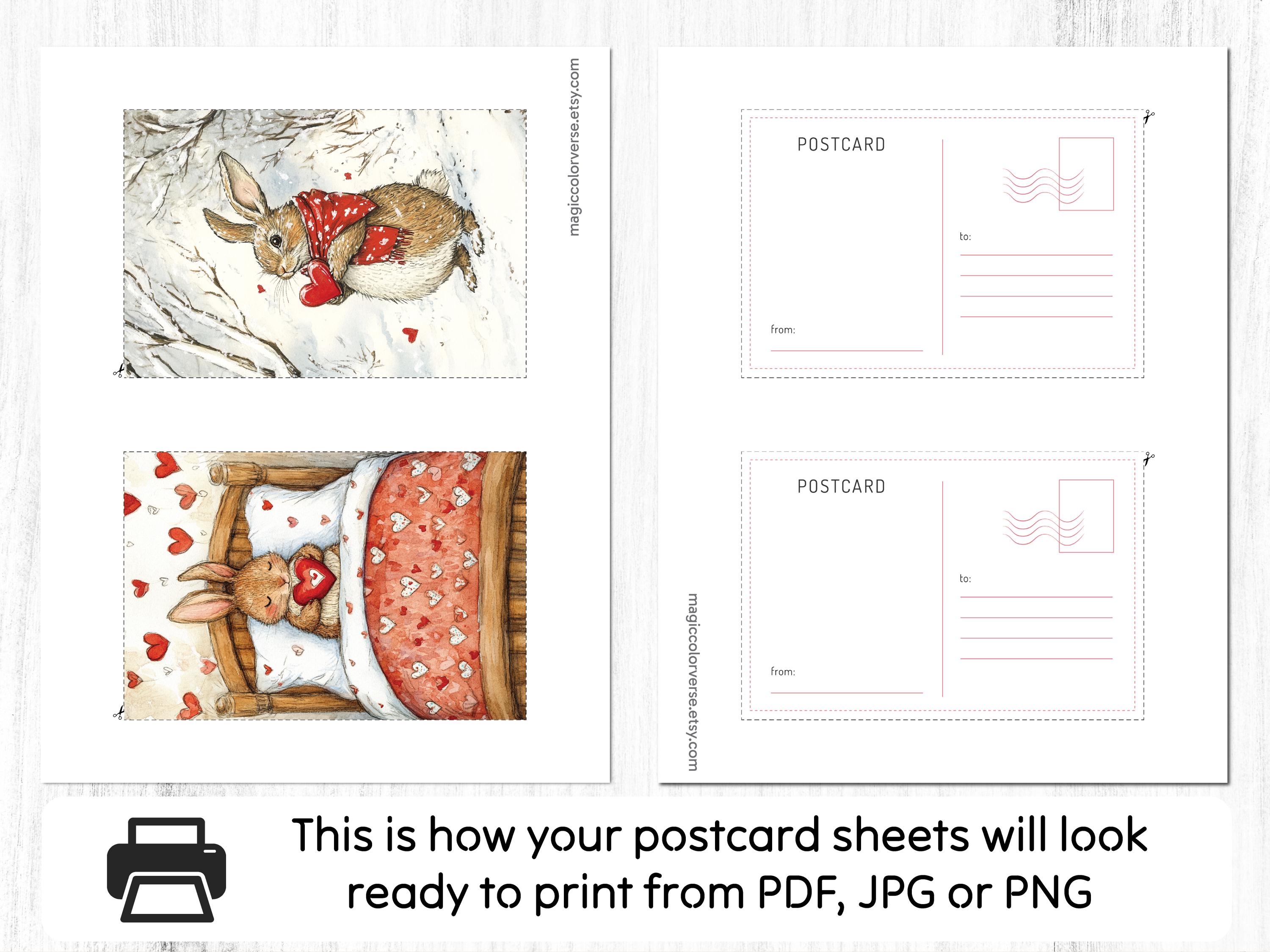 Bunnies Postcards, 6 Printable Romantic Postcard Digital Download ...
