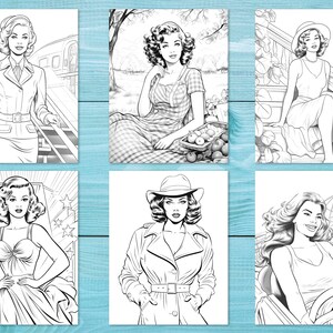 Peut inclure: Six illustrations en noir et blanc de femmes dans diff&eacute;rentes poses. Les femmes sont dessin&eacute;es dans un style de bande dessin&eacute;e vintage. Les illustrations sont parfaites pour la coloration.