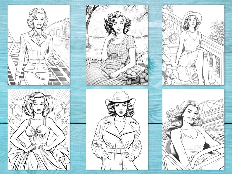 Peut inclure: Six illustrations en noir et blanc de femmes dans diff&eacute;rentes poses. Les femmes sont dessin&eacute;es dans un style de bande dessin&eacute;e vintage. Les illustrations sont parfaites pour la coloration.