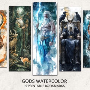 Puede incluir: Un conjunto de 15 marcapáginas imprimibles con ilustraciones de acuarela de varios dioses. Los marcapáginas están en formato vertical y presentan una variedad de colores y estilos. El texto "GODS WATERCOLOR 15 PRINTABLE BOOKMARKS" está en la parte inferior de la imagen.
