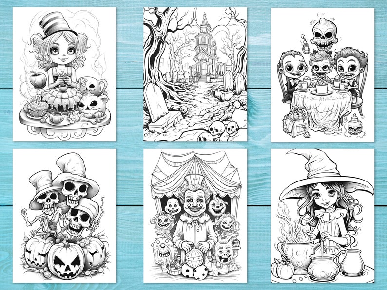 Puede incluir: Un conjunto de seis p&aacute;ginas para colorear en blanco y negro con ilustraciones de tem&aacute;tica de Halloween. Las ilustraciones incluyen una bruja, esqueletos, un cementerio y una t&eacute;trica fiesta de t&eacute;.