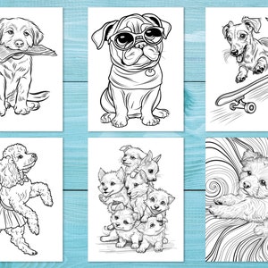 Pode incluir: Um conjunto de seis p&aacute;ginas para colorir em preto e branco com diferentes ra&ccedil;as de c&atilde;es. Os c&atilde;es s&atilde;o representados em v&aacute;rias poses, incluindo um c&atilde;o segurando um jornal, um c&atilde;o usando &oacute;culos de sol, um c&atilde;o fazendo skate, um c&atilde;o usando um tutu, um grupo de c&atilde;es empilhados um em cima do outro e um c&atilde;o deitado.