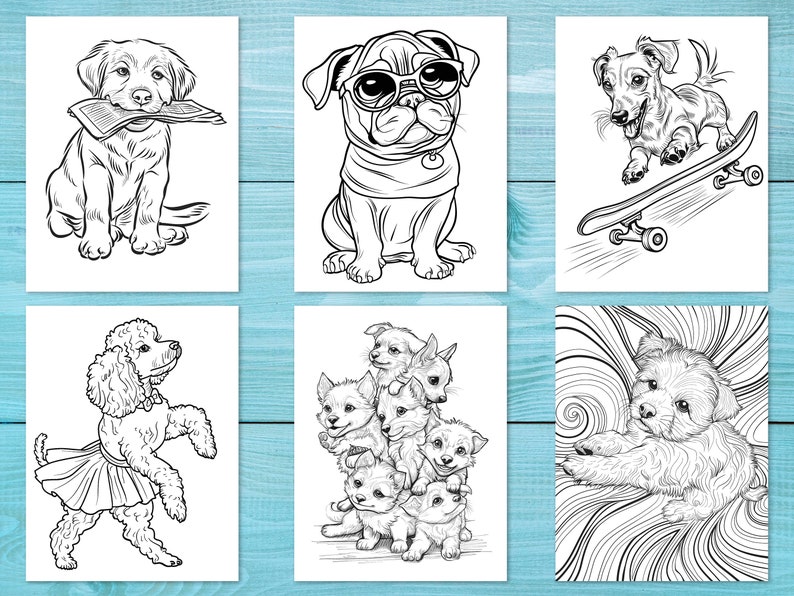 Pode incluir: Um conjunto de seis p&aacute;ginas para colorir em preto e branco com diferentes ra&ccedil;as de c&atilde;es. Os c&atilde;es s&atilde;o representados em v&aacute;rias poses, incluindo um c&atilde;o segurando um jornal, um c&atilde;o usando &oacute;culos de sol, um c&atilde;o fazendo skate, um c&atilde;o usando um tutu, um grupo de c&atilde;es empilhados um em cima do outro e um c&atilde;o deitado.