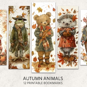 Puede incluir: Conjunto de 12 marcapáginas imprimibles con animales de otoño. Los marcapáginas presentan una ardilla, una rana, un oso, un erizo y un cerdo que llevan ropa de otoño y están rodeados de hojas de otoño.