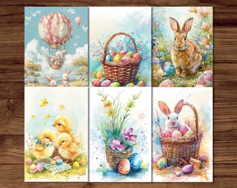 Easter Postcards, 6 Printable Postcard Digital Download, Watercolor Style Postcards Sheets, Easter Bunny Postcards Set