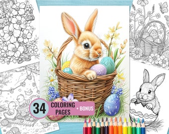 May include: A coloring book with 34 pages featuring a cute bunny rabbit holding Easter eggs in a basket. The bunny is surrounded by spring flowers and the book includes a bonus page.