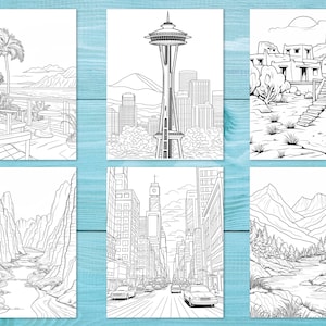 May include: A set of six black and white colouring pages featuring different landscapes. The pages include a beach scene with palm trees, a city skyline with a tall tower, a desert scene with a pueblo, a canyon with a river, a city street with buildings, and a mountain scene with a river.
