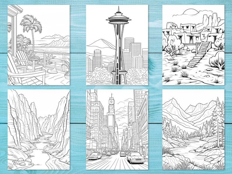 May include: A set of six black and white colouring pages featuring different landscapes. The pages include a beach scene with palm trees, a city skyline with a tall tower, a desert scene with a pueblo, a canyon with a river, a city street with buildings, and a mountain scene with a river.