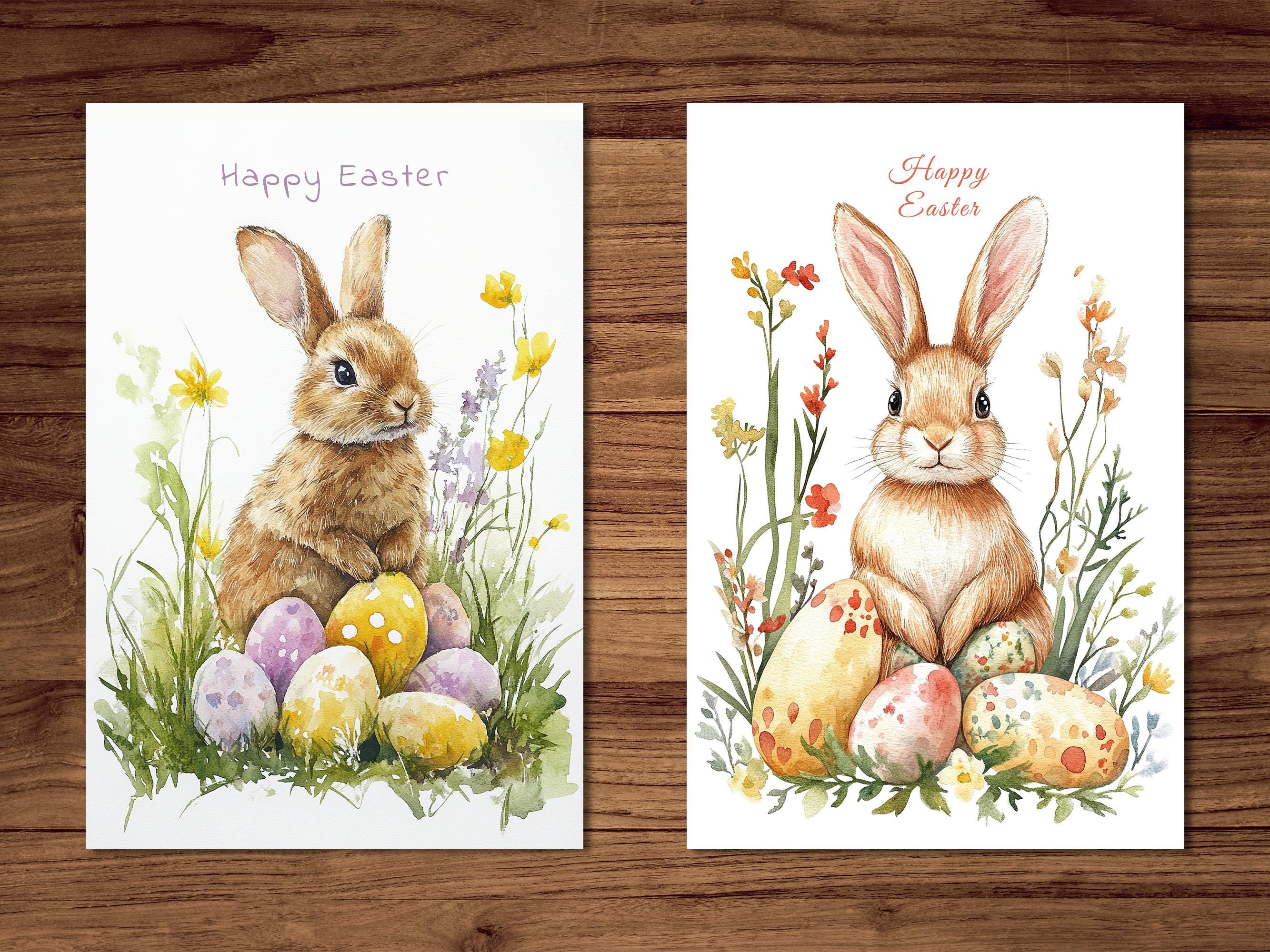 Printable Easter Bunny Cards | 6 Cute Rabbit Postcards | Watercolor ...