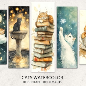 Pode incluir: Conjunto de 10 marcadores de página imprimíveis com ilustrações de aquarela de gatos. Os marcadores de página apresentam uma variedade de cenas, incluindo um gato dormindo em uma nuvem, um gato lendo um livro, um gato sentado perto de uma fonte e um gato bebendo de uma xícara de chá.