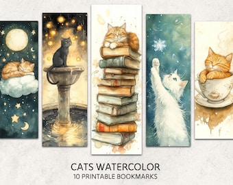 Cute Cat Watercolor Bookmarks | Adorable Kitten 10 Printable Bookmarks | Digital Download for Book Lovers