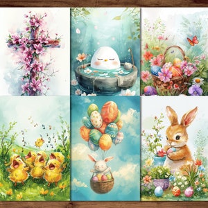 Osterkarten, 6 druckbare Postkarten, digitaler Download, Grußkarten im Aquarell-Stil, Osterhasen-Postkarten-Set