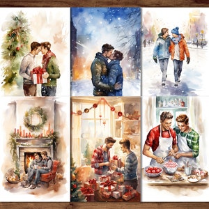 Postales de Navidad Gay, 6 Descarga Digital de Postales LGBT Imprimibles, Hojas de Postales Gay de Pareja, Conjunto de Postales de Navidad de Hombres Románticos