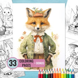 Waldtiere-Malbuch, 33 ausdruckbare Feenseiten für Erwachsene und Kinder, Malseite im Beatrix Potter-Stil, Sofortiger Download