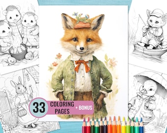 Waldtiere-Malbuch, 33 ausdruckbare Feenseiten für Erwachsene und Kinder, Malseite im Beatrix Potter-Stil, Sofortiger Download