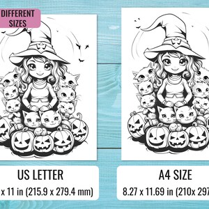 Puede incluir: Una ilustraci&oacute;n en blanco y negro de una bruja con un sombrero puntiagudo y un grupo de gatos que la rodean. La bruja est&aacute; sosteniendo dos gatos en sus brazos. Hay calabazas alrededor de la bruja y los gatos. El texto "US LETTER 8.5 x 11 in (215.9 x 279.4 mm)" est&aacute; en la parte inferior de la imagen. El texto "A4 SIZE 8.27 x 11.69 in (210x 297 mm)" est&aacute; en la parte inferior de la imagen.