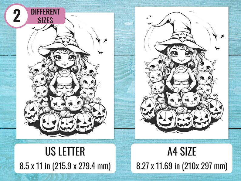 Puede incluir: Una ilustraci&oacute;n en blanco y negro de una bruja con un sombrero puntiagudo y un grupo de gatos que la rodean. La bruja est&aacute; sosteniendo dos gatos en sus brazos. Hay calabazas alrededor de la bruja y los gatos. El texto "US LETTER 8.5 x 11 in (215.9 x 279.4 mm)" est&aacute; en la parte inferior de la imagen. El texto "A4 SIZE 8.27 x 11.69 in (210x 297 mm)" est&aacute; en la parte inferior de la imagen.