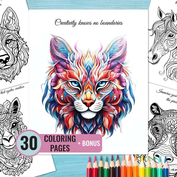 Animal Mandala Coloring Book, 30 Inspiring Printable Pages for Adult and Kids, Relaxation Coloring Pages, Instant Download