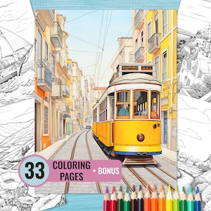 Landscape Coloring Pages, 33 Printable Scenery Coloring Book for Adults, Cityscape Grayscale Coloring Page, Instant Download
