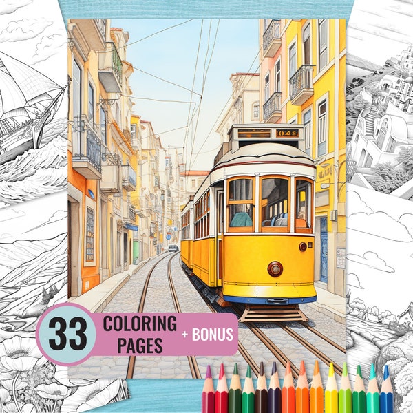 Landscape Coloring Pages, 33 Printable Scenery Coloring Book for Adults, Cityscape Grayscale Coloring Page, Instant Download