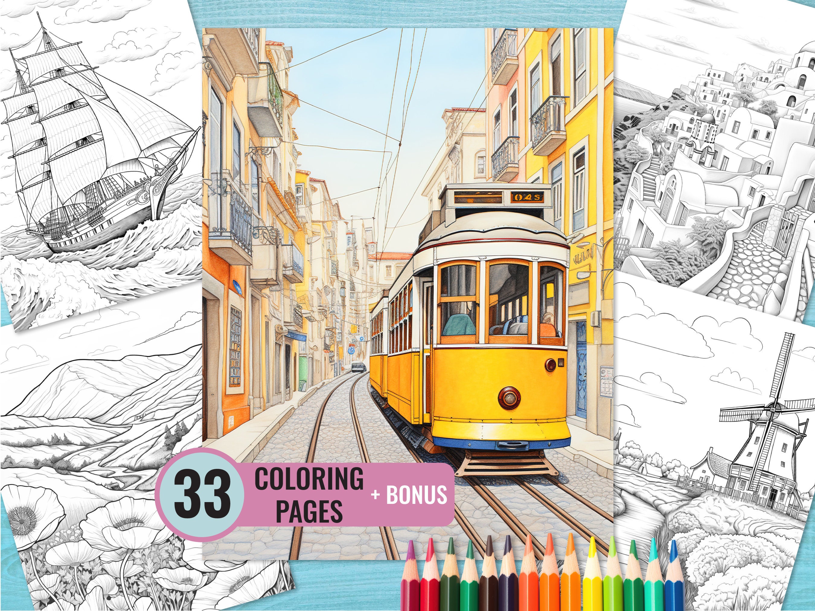 Landscape Coloring Pages, 33 Printable Scenery Coloring Book for Adults, Cityscape Grayscale Coloring Page, Instant Download