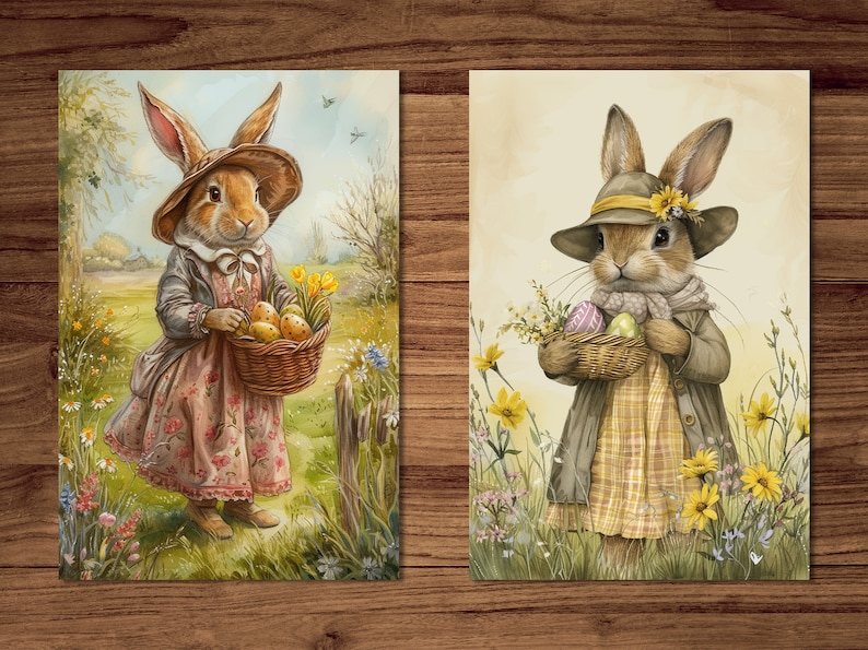 Easter Postcards, 6 Printable Cards Digital Download, Beatrix Potter Style Postcards Sheets, Easter Bunny Greeting Cards Set zdjęcie 6