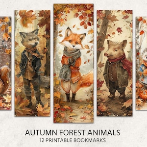 Puede incluir: Conjunto de seis marcapáginas imprimibles con ilustraciones de acuarela de animales del bosque en un entorno de bosque de otoño. Los animales incluyen una ardilla, un lobo, un zorro, un jabalí y un erizo. Los marcapáginas están decorados con hojas de otoño y calabazas.