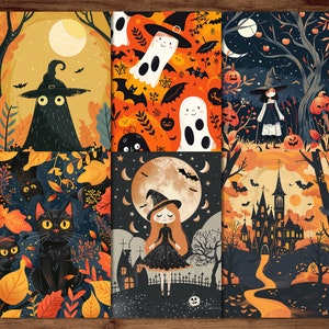 Cartões postais caprichosos de Halloween, 6 cartões de felicitações exclusivos para impressão, download digital, folhas de cartões postais assustadores, conjunto de cartões postais em estilo vetorial