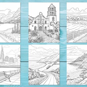 May include: A black and white colouring book page featuring six different scenes. The scenes include a mountain range with a lake, a church with a bell tower, a rural landscape with a fence, a city skyline, a coastal road, and a rocky coastline.