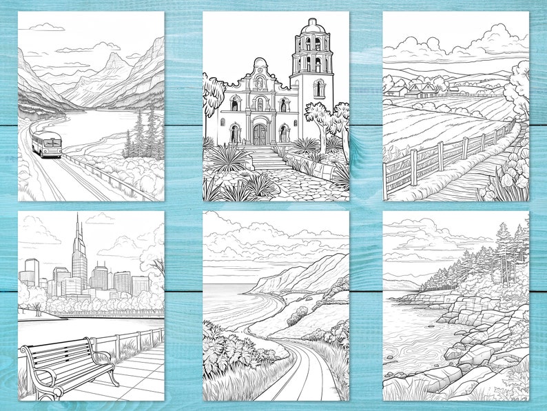 May include: A black and white colouring book page featuring six different scenes. The scenes include a mountain range with a lake, a church with a bell tower, a rural landscape with a fence, a city skyline, a coastal road, and a rocky coastline.