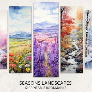 Puede incluir: Conjunto de cuatro acuarelas que representan las diferentes estaciones. Cada pintura presenta un arroyo que fluye a través de un paisaje. Las pinturas se titulan "Seasons Landscapes" y "12 Printable Bookmarks".