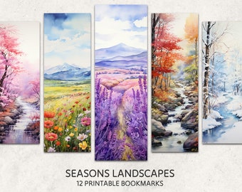 Seasons Landscapes Bookmarks 12 Printable Nature Bookmarks Digital Download Watercolor Style Bookmark Sheets