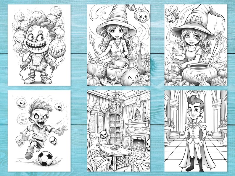 Puede incluir: Un conjunto de seis p&aacute;ginas para colorear en blanco y negro con ilustraciones de tem&aacute;tica de Halloween. Las ilustraciones incluyen un monstruo, una bruja, un castillo y una casa encantada.