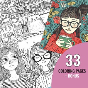 Libro para colorear con ilustraciones de dibujos animados, 33 páginas imprimibles estilo cómic para niños, página para colorear de chicas ilustradas, descarga instantánea