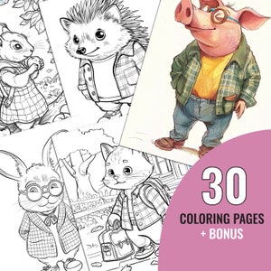 Libro para colorear de animales lindos con ropa, 30 páginas imprimibles de dibujos animados para niños, página para colorear de animales de la ciudad, descarga instantánea