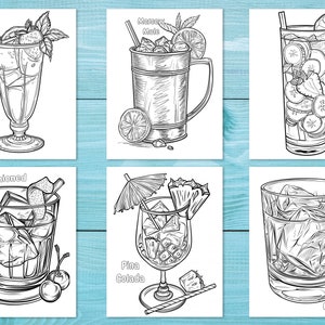 May include: Six black and white illustrations of cocktails, including Rum Punch, Moscow Mule, Pimm's Cup, Old Fashioned, Pina Colada, and Negroni. Each drink is depicted in a different glass with garnishes like fruit and mint. The names of the cocktails are written below each glass.