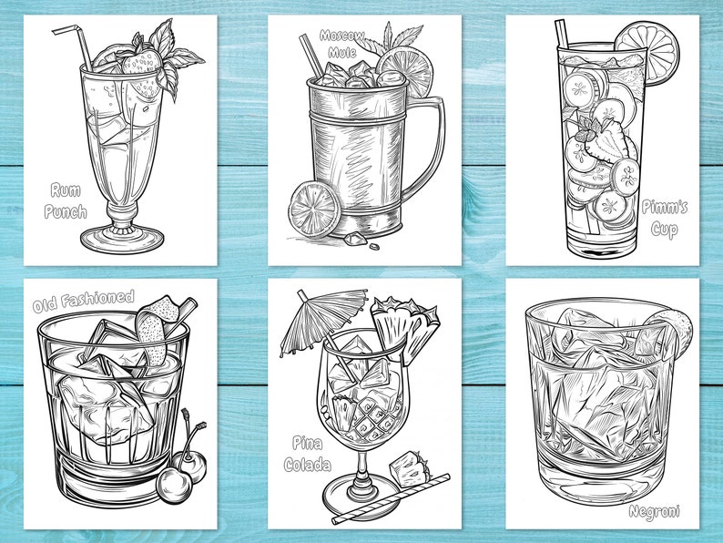 May include: Six black and white illustrations of cocktails, including Rum Punch, Moscow Mule, Pimm's Cup, Old Fashioned, Pina Colada, and Negroni. Each drink is depicted in a different glass with garnishes like fruit and mint. The names of the cocktails are written below each glass.