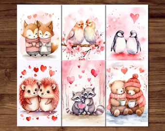 Cartoline di coppie di animali, 6 cartoline romantiche stampabili Download digitale, fogli di carte d'amore per animali, set di cartoline di San Valentino