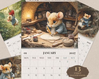 Muizenkalender 2027 | Leuke aquarel wandkalender, kleine muizenkunst, gezellige dierendecoratie, kerstcadeau