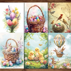 Cartões de Páscoa, 6 cartões postais para impressão, download digital, cartões comemorativos estilo aquarela, conjunto de cartões postais de coelhinho da Páscoa