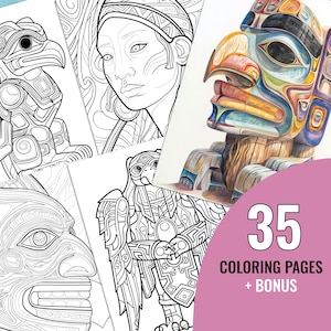 Op de afbeelding: Een set van 35 kleurplaten met ingewikkelde zwart-wit illustraties van Native American kunst, waaronder een totempaal, een vrouw met een traditionele hoofdtooi en verschillende vogels. De tekst "35 kleurplaten + Bonus" wordt weergegeven op een roze achtergrond.