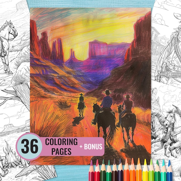 Wild West Coloring Book, 36 Western Printable Pages for Adults, Cowboy Coloring Page, Westworld Coloring Book Instant Download