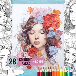 Female Portrait Coloring Book, 28 Printable Floral Woman Pages for Adults, Relaxation Coloring Pages, Instant Download