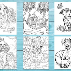 Pode incluir: Um livro para colorir com seis ilustra&ccedil;&otilde;es em preto e branco de c&atilde;es em v&aacute;rias poses. Os c&atilde;es s&atilde;o representados em uma variedade de ambientes, incluindo um jardim de flores, uma rede, uma banheira e uma cama para c&atilde;es.