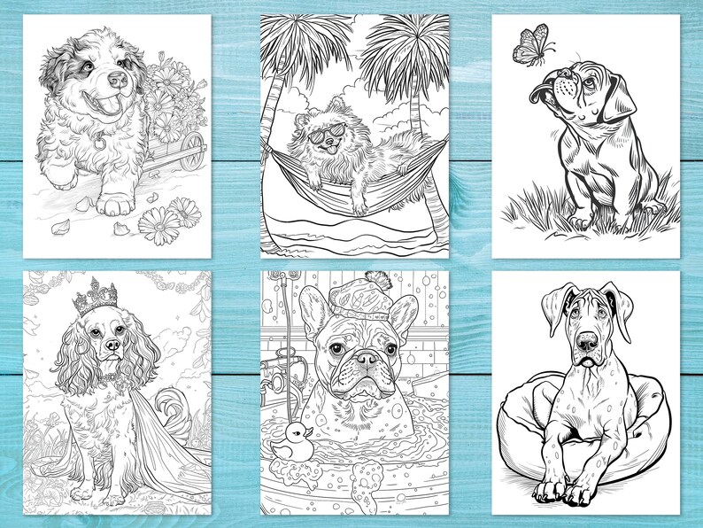 Pode incluir: Um livro para colorir com seis ilustra&ccedil;&otilde;es em preto e branco de c&atilde;es em v&aacute;rias poses. Os c&atilde;es s&atilde;o representados em uma variedade de ambientes, incluindo um jardim de flores, uma rede, uma banheira e uma cama para c&atilde;es.