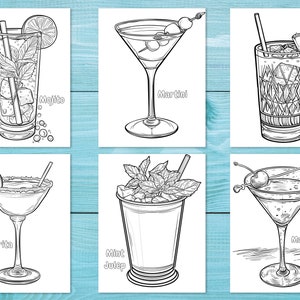 May include: Six black and white illustrations of cocktails, including a Mojito, Martini, Mai Tai, Margarita, Mint Julep, and Manhattan. Each drink is depicted in its respective glass, with garnishes and text labels.
