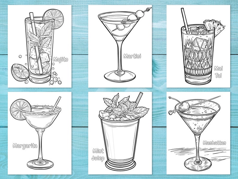 May include: Six black and white illustrations of cocktails, including a Mojito, Martini, Mai Tai, Margarita, Mint Julep, and Manhattan. Each drink is depicted in its respective glass, with garnishes and text labels.