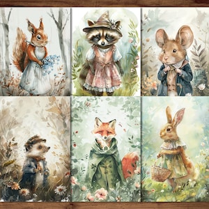 Postales de animales del bosque, 6 postales de hadas imprimibles Descarga digital, Conjunto de postales estilo acuarela de animales del bosque