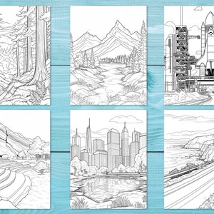 May include: A set of six black and white colouring pages featuring different landscapes. The pages include a forest, a mountain range with a river, a space shuttle launch, a city skyline, a rock formation with an amphitheatre, and a coastal highway.
