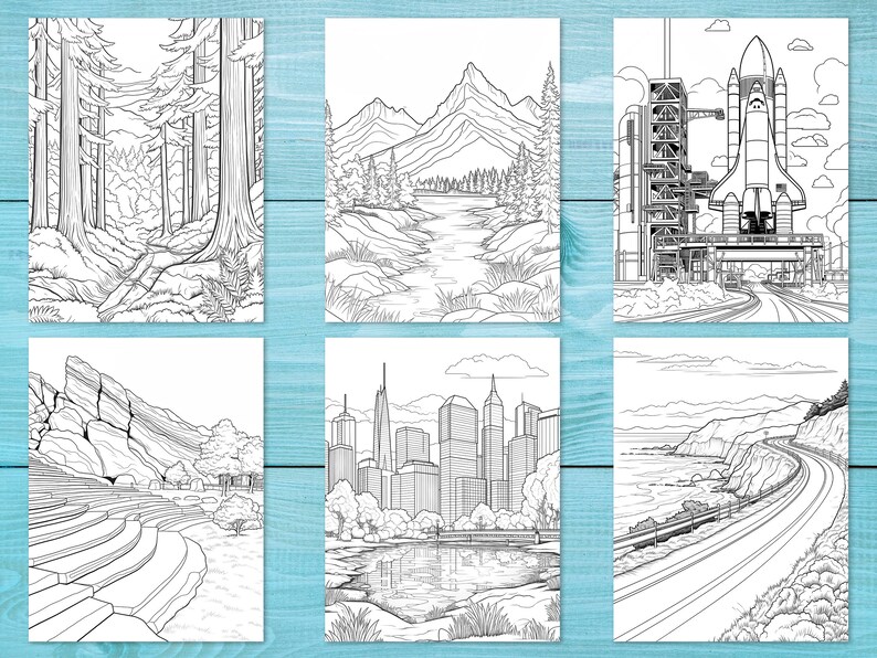 May include: A set of six black and white colouring pages featuring different landscapes. The pages include a forest, a mountain range with a river, a space shuttle launch, a city skyline, a rock formation with an amphitheatre, and a coastal highway.